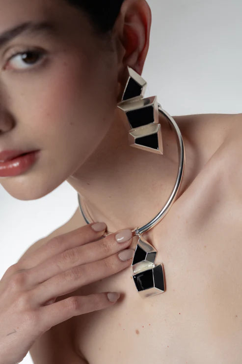 Choker Geo Trapecio X2 Plata-Negro
