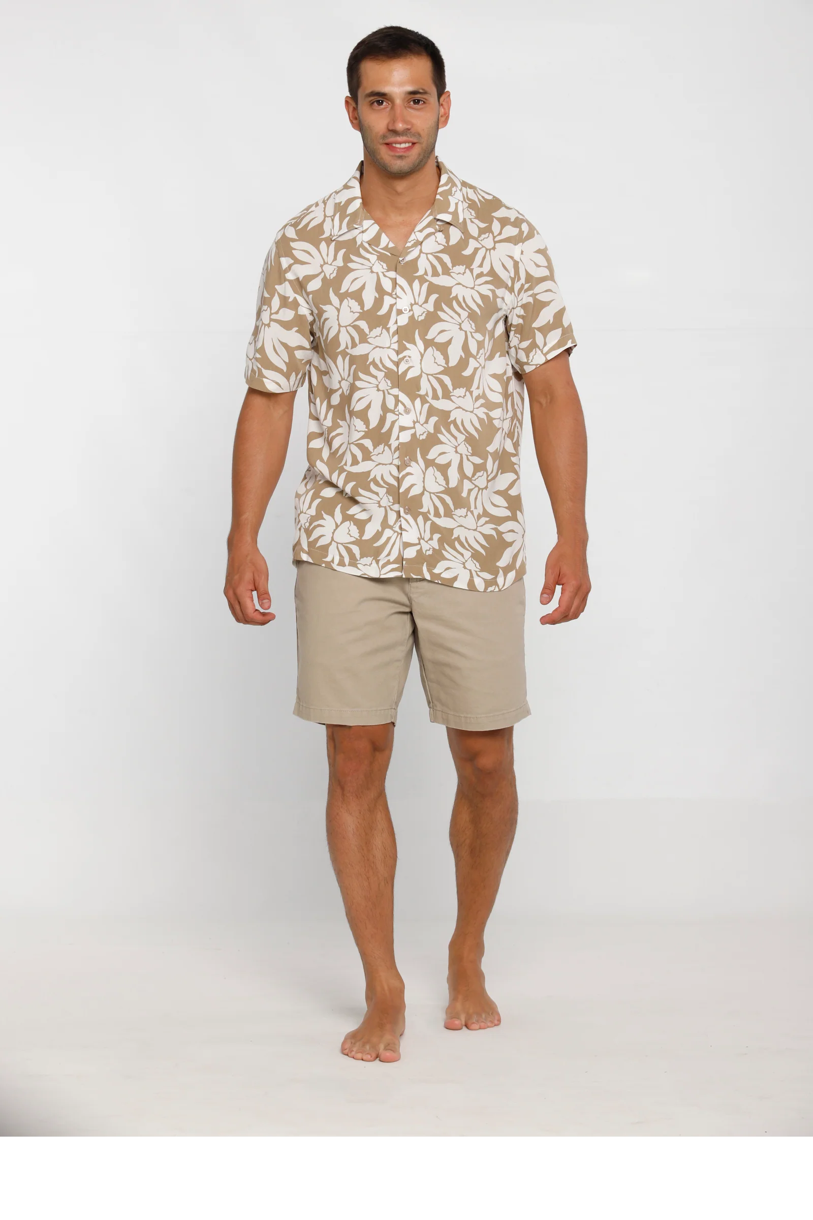 Camisa Hawaii Estampada Caqui