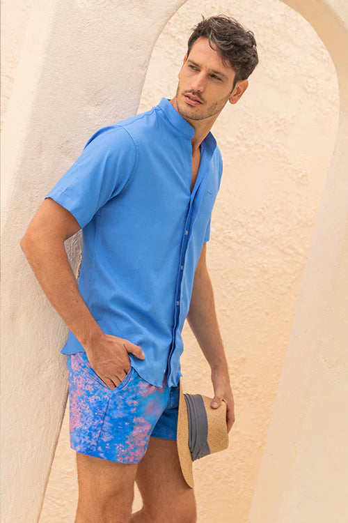 Camisa Manga Corta Cuello Neru Azul Medio Flex